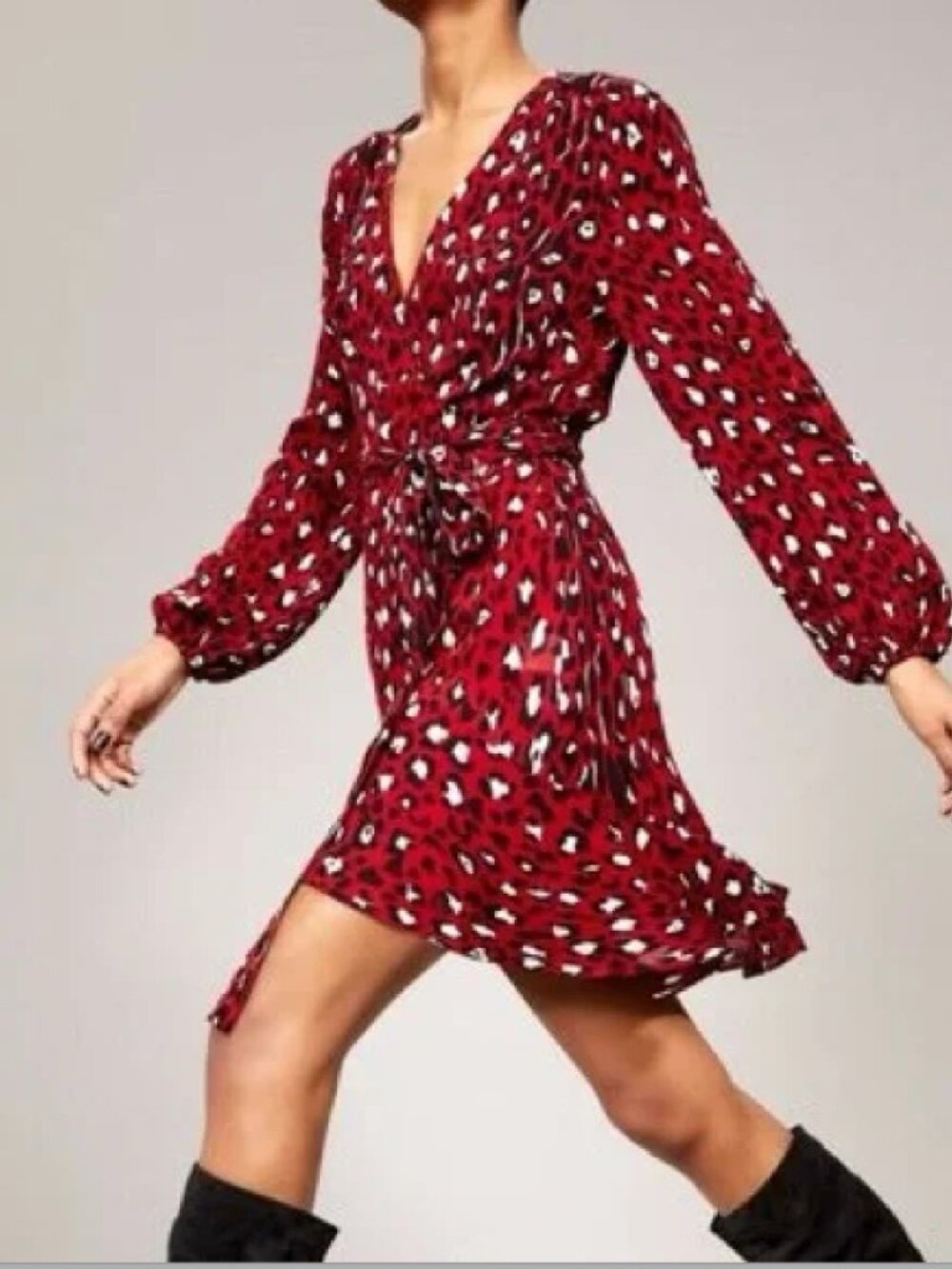 A.L.C. Mini Wrap Dress Michaela Red Black & White Leopard Print Silk Size 2 XS